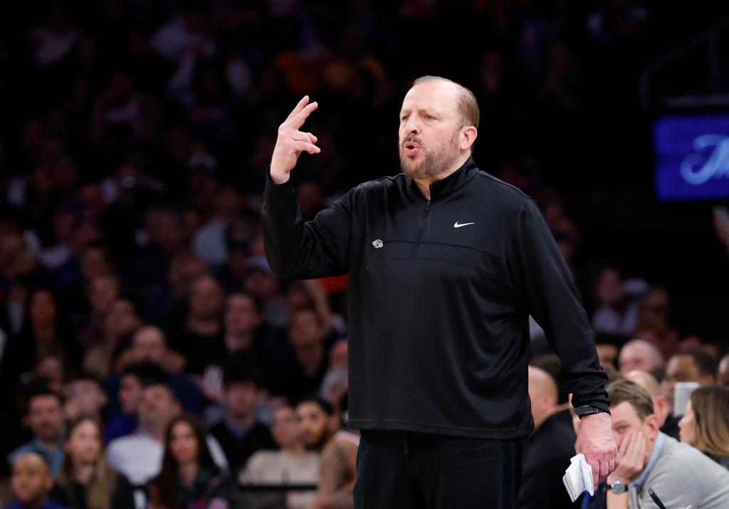 Tom Thibodeau reacts during the Knicks-Suns game on April 6, 2025.