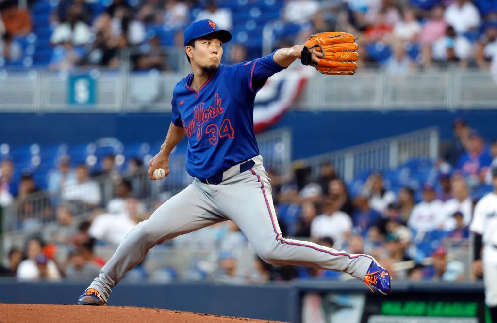 New York Mets pitcher Kodai Senga in action, throwing the ball during a baseball game against the Miami Marlins on April 1, 2025.