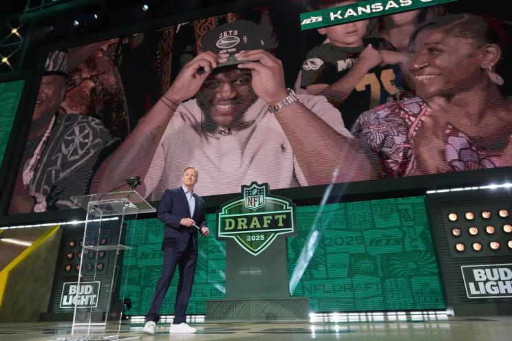 NFL Commissioner Roger Goodell announcing Armand Membou as the New York Jets' seventh overall pick during the first round of the 2025 NFL Draft in Green Bay, Wisconsin