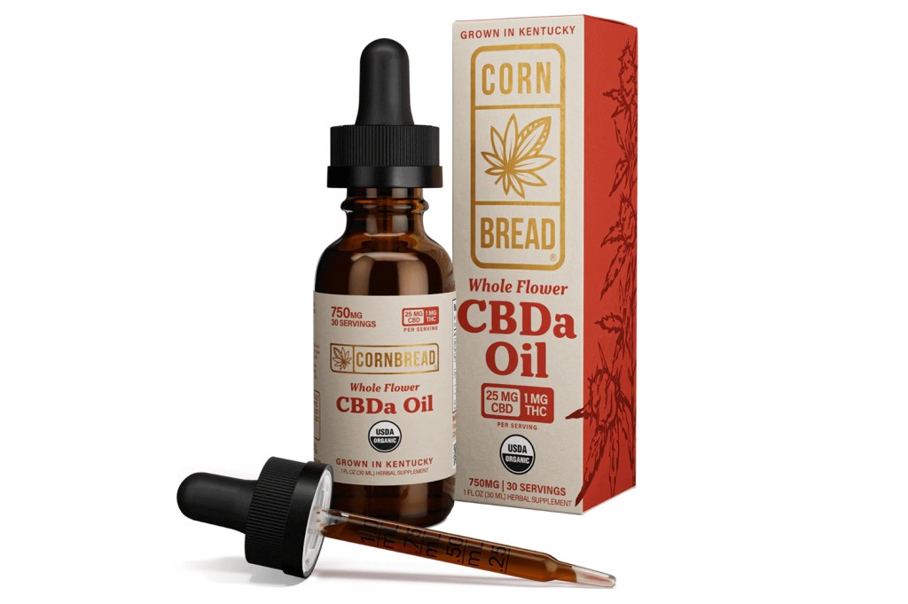 A bottle of CBD oil next to a box