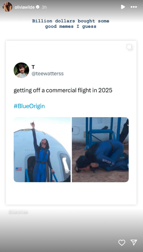 Screenshot of Olivia Wilde's social media post commenting on Blue Origin's all-female flight crew space mission completion