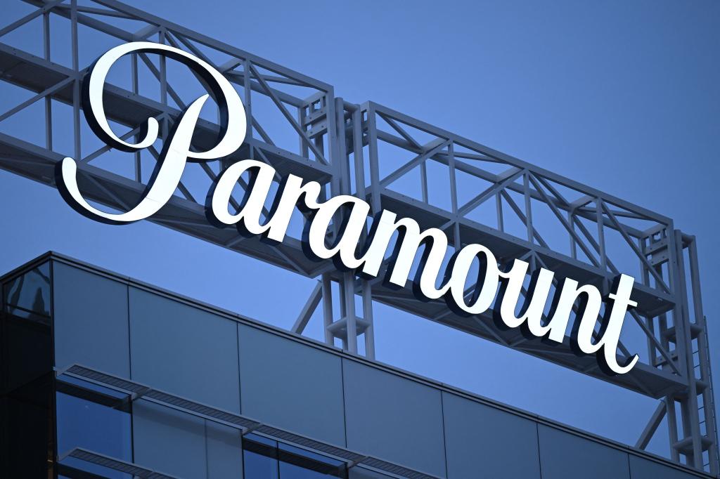 Paramount logo displayed on a building at Columbia Square along Sunset Blvd in Hollywood, California on March 9, 2023