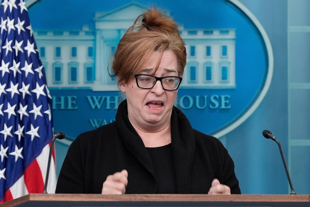 Patty Morin, mother of Rachel Morin, speaks during a briefing inside the White House briefing room.