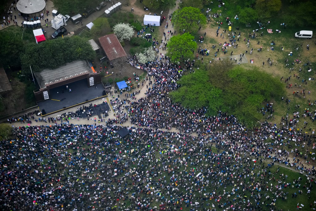 People gathering in protest on the National Mall, Washington DC, demonstrating against the Trump administration and Elon Musk's influence, April 5, 2025