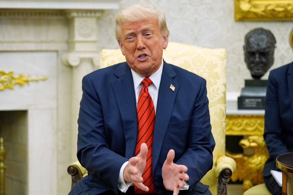 President Donald Trump speaks as he meets with Italy's Prime Minister Giorgia Meloni in the Oval Office of the White House, Thursday, April 17, 2025, in Washington.