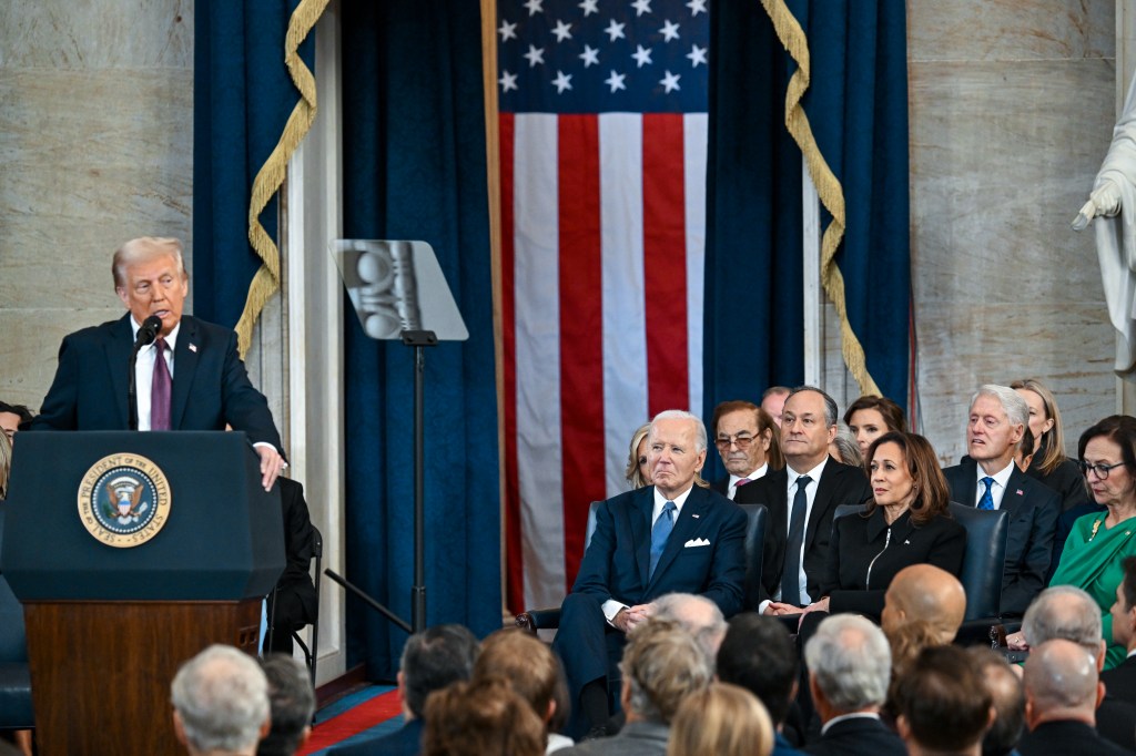 President Joe Biden, Second Gentleman Doug Emhoff, Vice President Kamala Harris, Former President Bill Clinton and Senator Deb Fischer listening to President Donald Trump speaking at his second term inauguration in 2025