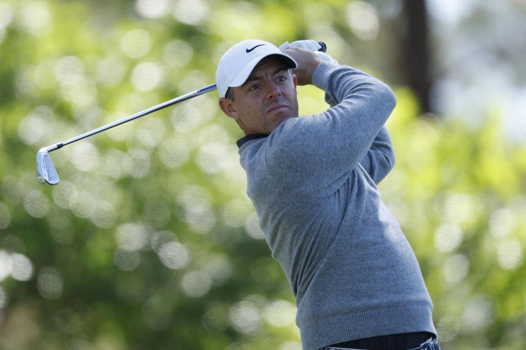 Rory McIlroy swings during the second round of the Masters on April 11, 2025. 