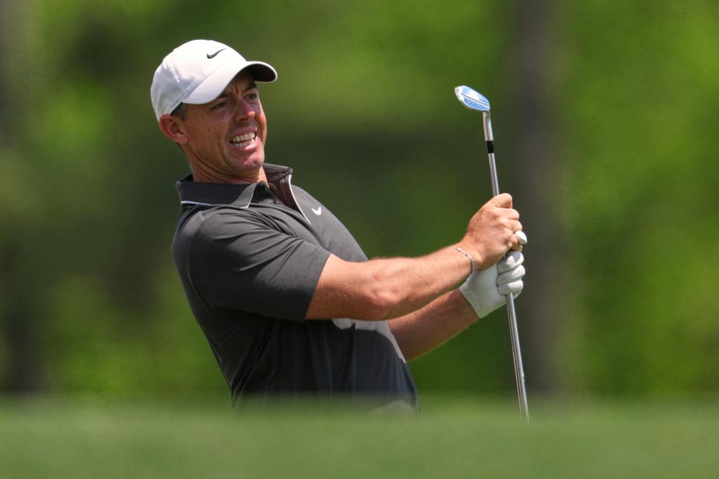 Rory McIlroy swings during the second round of the Masters on April 11, 2025. 