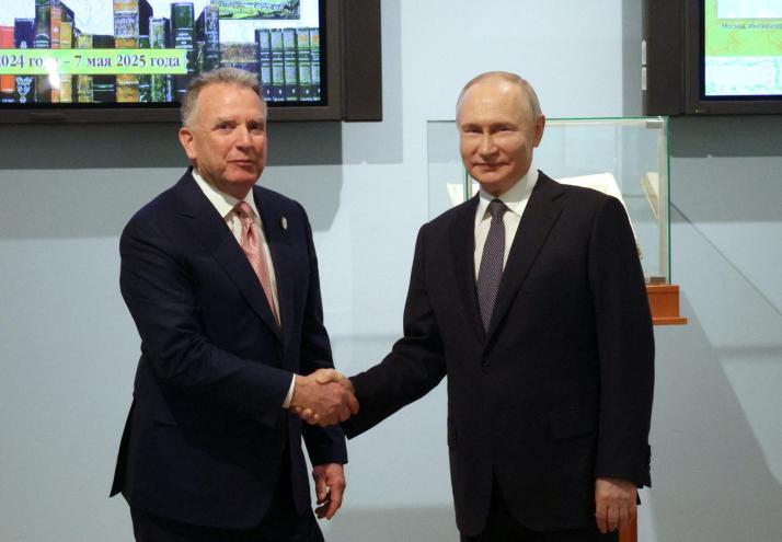Russian President Vladimir Putin shaking hands with U.S. President Donald Trump's special envoy Steve Witkoff in a meeting on April 11, 2025, in Saint Petersburg, Russia