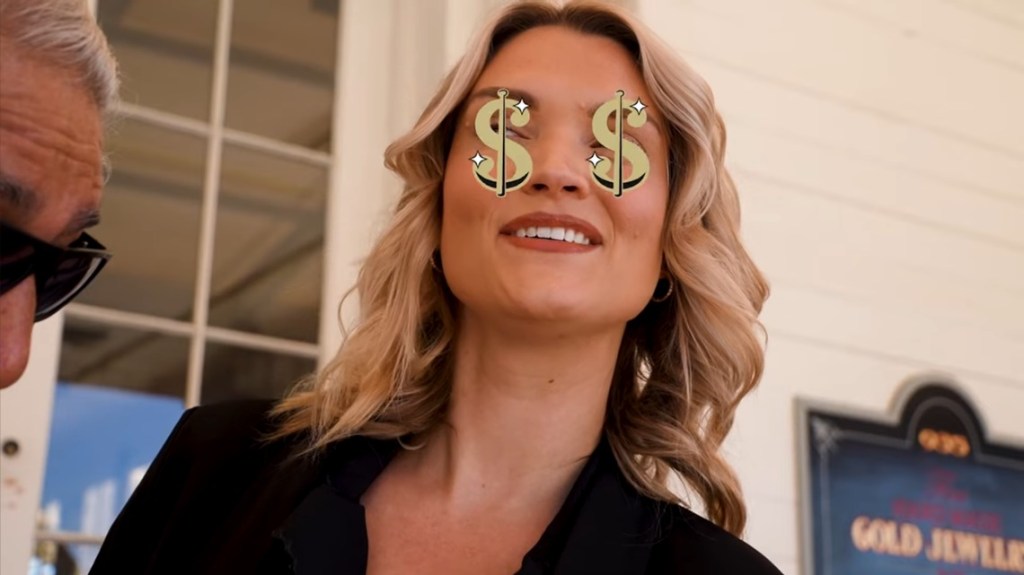 One woman is depicted as losing interest in her older husband as she glances toward a baseball player with cartoonish dollar signs in her eyes.