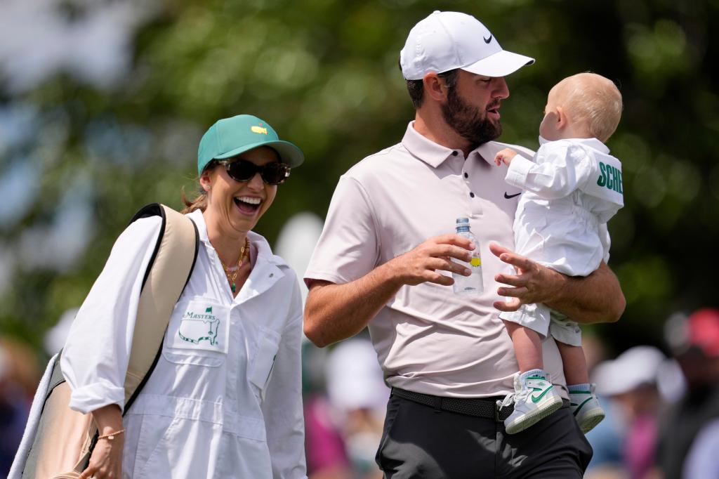 Meredith and Scottie Scheffler took in the Par 3 contest with their infant son Bennett on April 9, 2025.