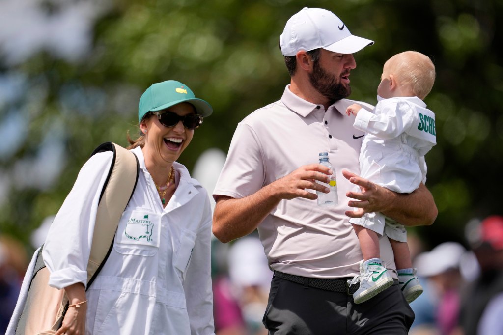 Meredith and Scottie Scheffler took in the Par 3 contest with their infant son Bennett on April 9, 2025.