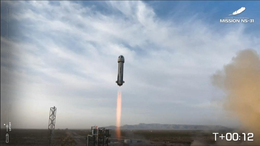 This screen grab taken from a Blue Origin broadcast shows Blue Origin New Shepard's flight NS-31 lift off from Launch Site One in Van Horn, West Texas, April 14, 2025.