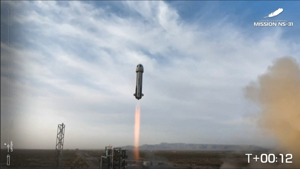 This screen grab taken from a Blue Origin broadcast shows Blue Origin New Shepard's flight NS-31 lift off from Launch Site One in Van Horn, West Texas, April 14, 2025.