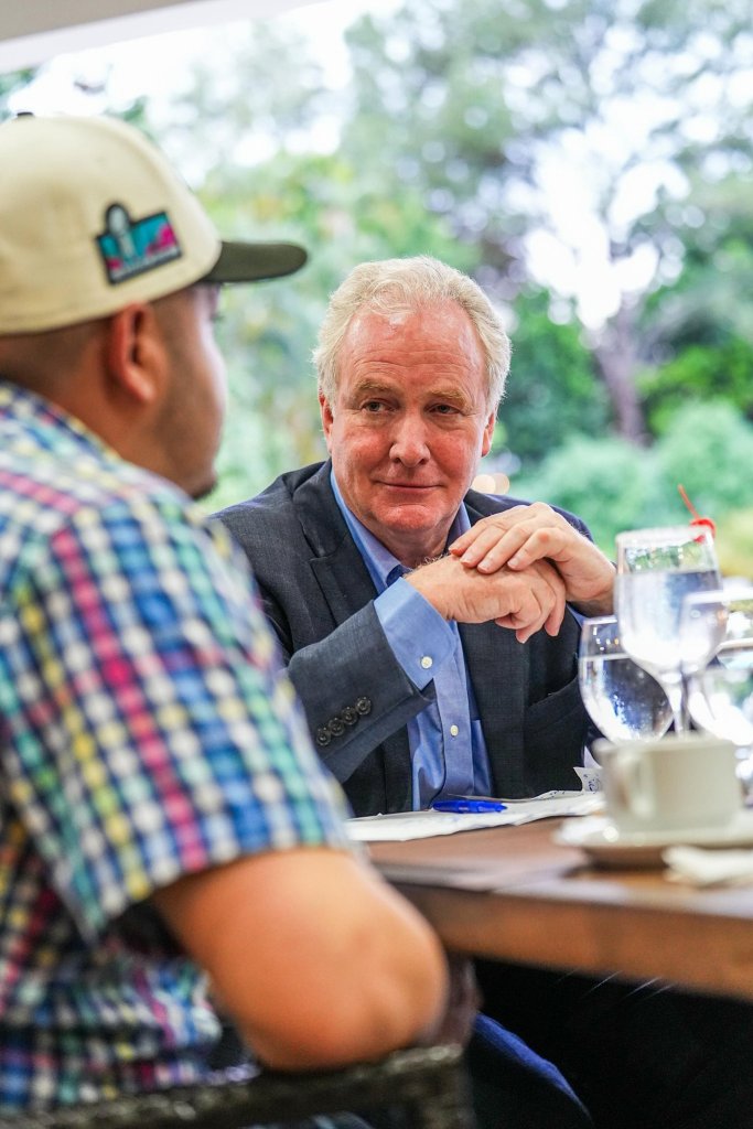 Senator Chris Van Hollen, D-MD, speaks with Kilmar Abrego Garcia, a Salvadoran immigrant living in Maryland and deported to El Salvador by the Trump administration.