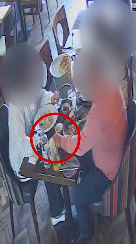 A couple have allegedly been caught planting glass in their food before refusing to pay for the expensive Italian meal.
