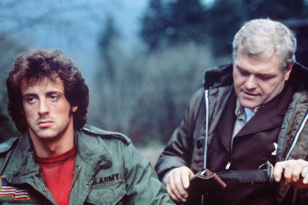 Sylvester Stallone and Brian Dennehy in a scene from the 1982 movie 'First Blood', directed by Ted Kotcheff.