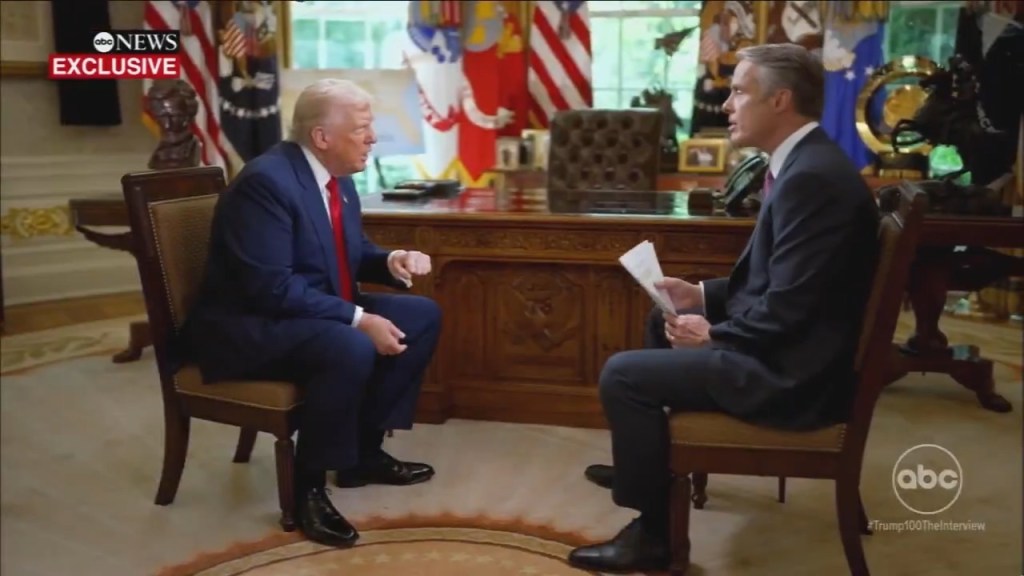 President Donald Trump and ABC News' Terry Moran sit down during their one-on-one interview in the Oval Office of the White House on April 29, 2025.