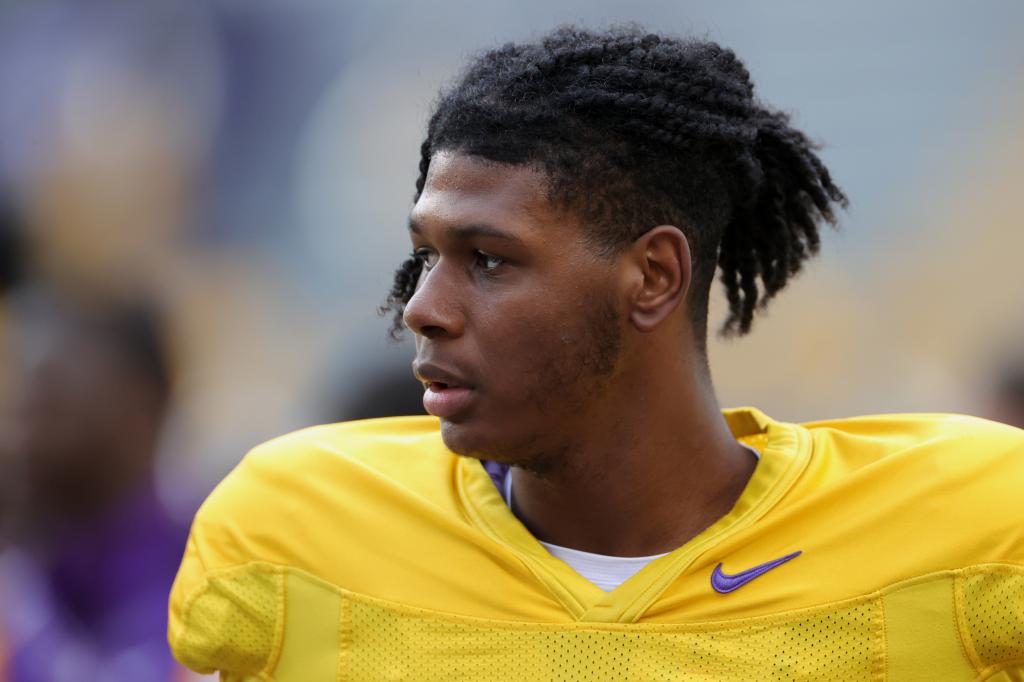 TJ Finley #11 of the LSU Tigers in yellow jersey looking on during the spring game at Tiger Stadium in Baton Rouge, Louisiana.