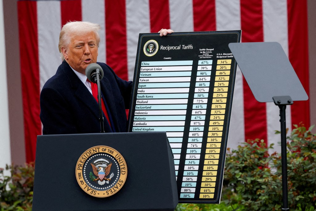 U.S. President Donald Trump delivering a speech on tariffs in the Rose Garden at the White House, standing at a podium.