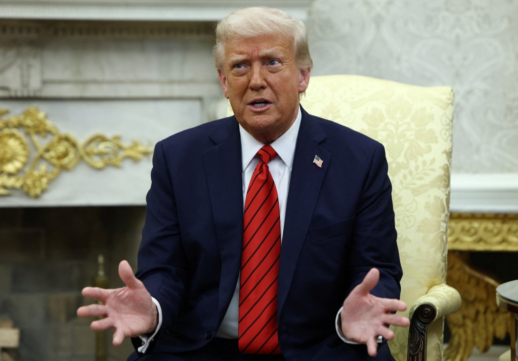 U.S. President Donald Trump speaking during a meeting with Italian Prime Minister Giorgia Meloni in the Oval Office at the White House, April 17, 2025