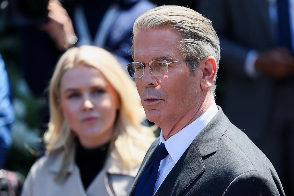 U.S. Secretary of the Treasury Scott Bessent and White House Press Secretary Karoline Leavitt speaking at a press conference about tariff announcement at the White House