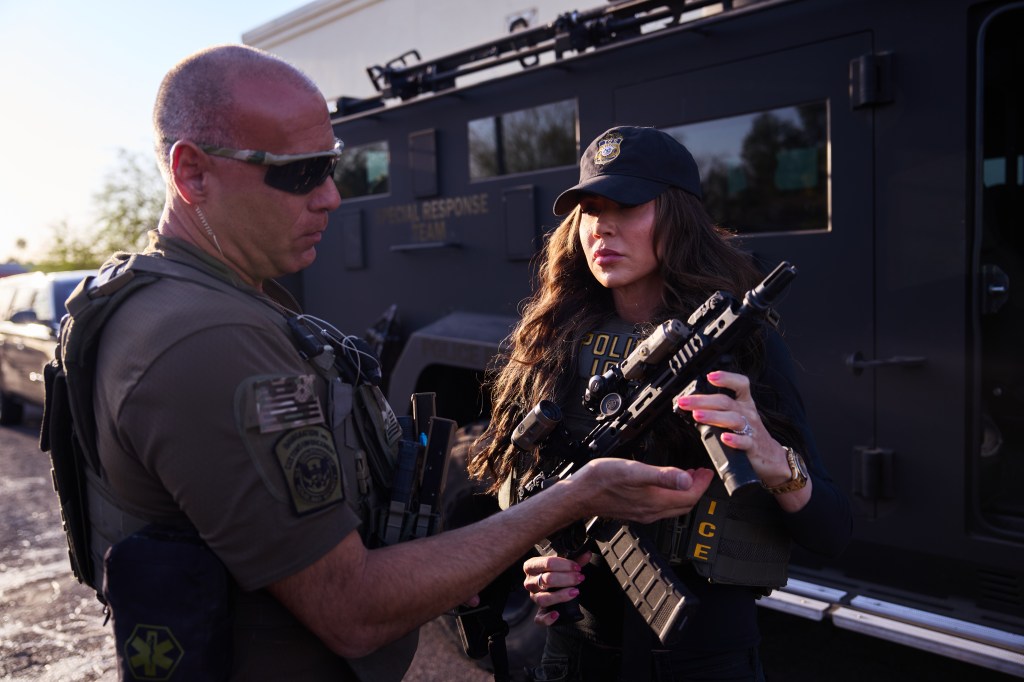 Department of Homeland Security Secretary Kristi Noem accompanied a multi-agency law enforcement raid on wanted criminals on Tuesday, April 8, 2025 in Phoenix, Ariz. 