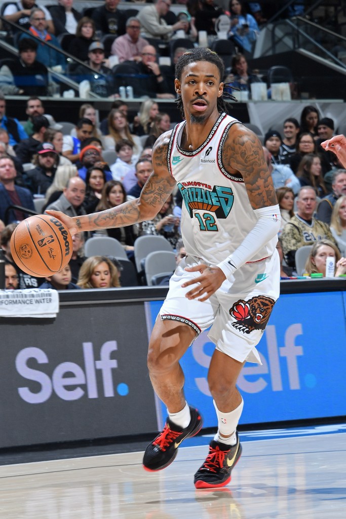 Ja Morant #12 of the Memphis Grizzlies dribbles the ball during the game against the San Antonio Spurs on January 15, 2025 at the Frost Bank Center in San Antonio, Texas. 