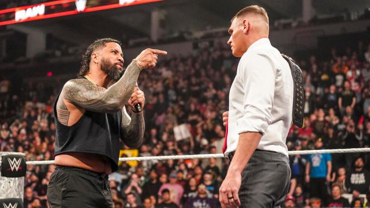 Jey Uso (l.) talks to Gunther (r.) during Raw on April 7, 2025.
