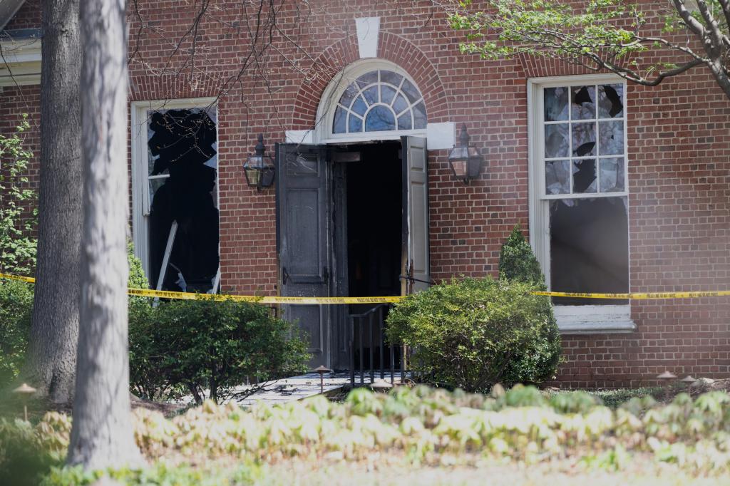 Police tape seen at the entrance to the Pennsylvania Governor’s Residence after an arson attack on April 13, 2025.