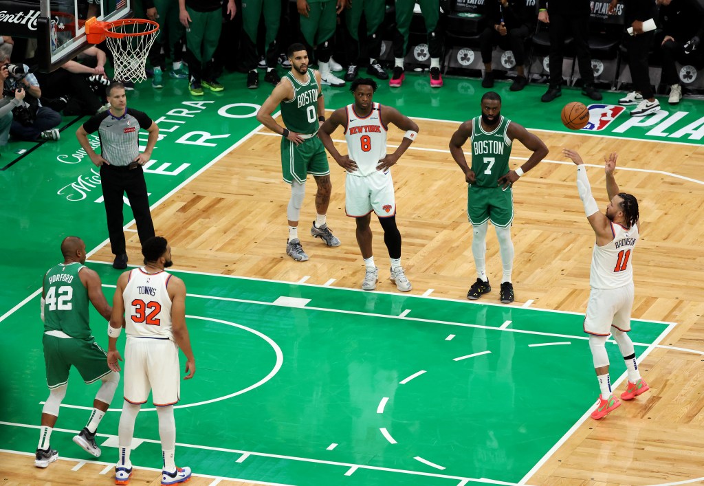 Jalen Brunson of the Knicks puts up a foul shot during the fourth quarter. The New York Knicks defeat the Boston Celtics 91-90 to take Game 2.