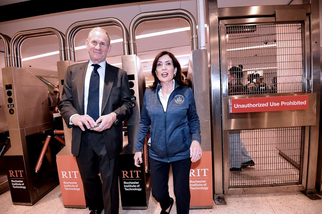 NY Governor Kathy Hochul and MTA CEO Janno Lieber ride the city's subway after holding a press conference inside the city's transit system to discuss the sfatey of the subway for New York City commuters.