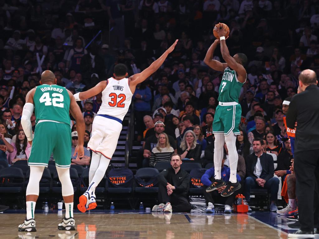 Jaylen Brown takes a 3-pointer for the Celtics in Game 3.