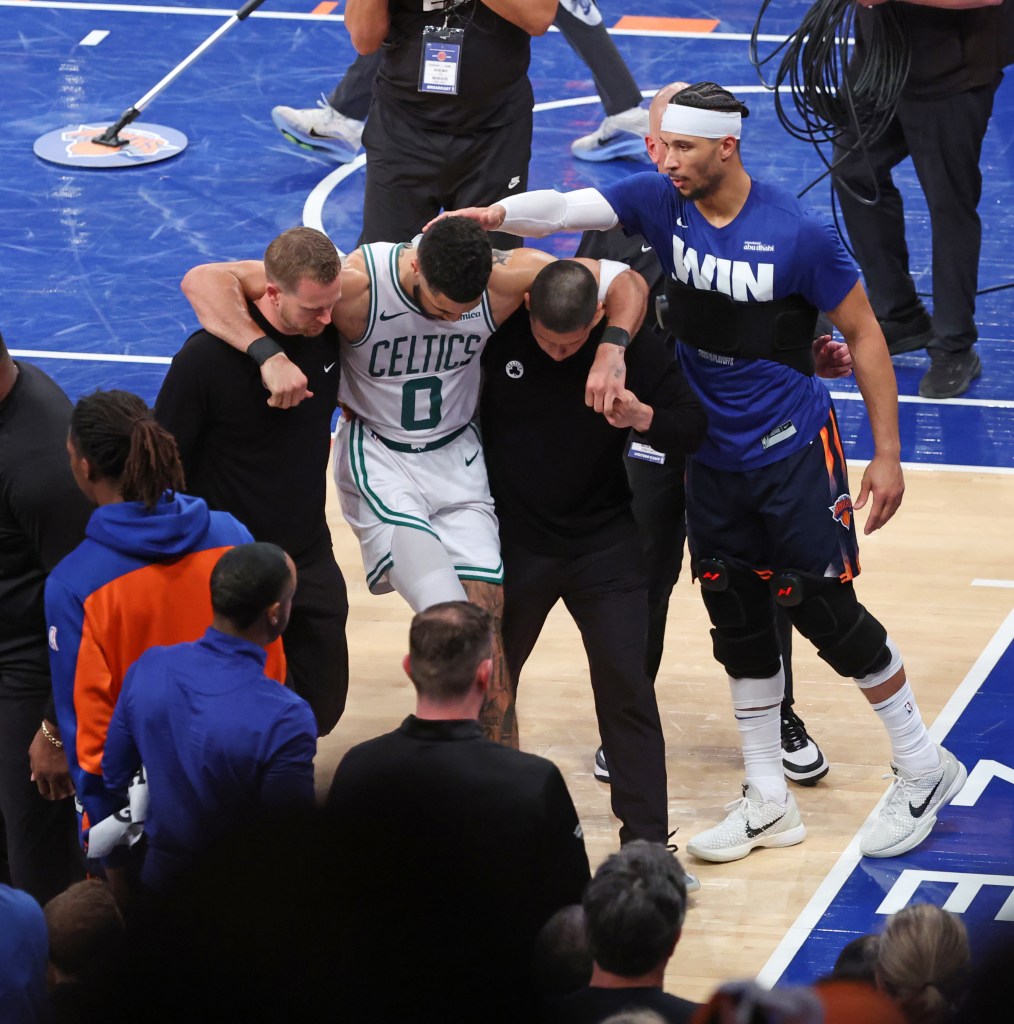 Jayson Tatum exits the Madison Square Garden court after his Game 4 injury.