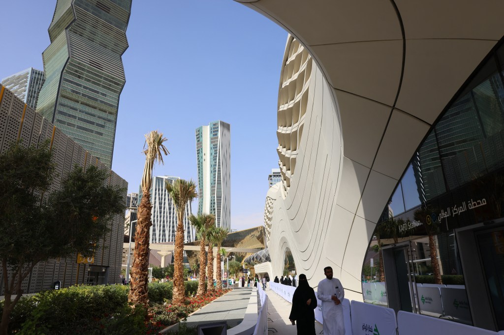 Passengers arriving at the King Abdullah Finance District metro station in Riyadh, Saudi Arabia on December 1, 2024.