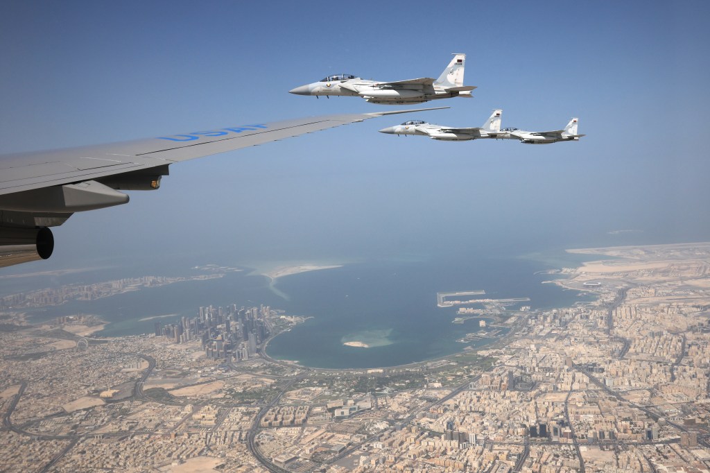 Qatari jets escort Air Force One into Doha, Qatar on May 14, 2025.