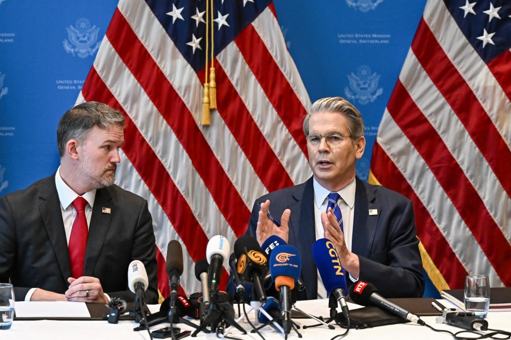 US Treasury Secretary Scott Bessent (R) and US Trade Representative Jamieson Greer hold a news conference in Geneve on May 12, 2024, to give details of "substantial progress" following a two-day closed-door meeting between US and China top officials aimed at ending a devastating tariff war.