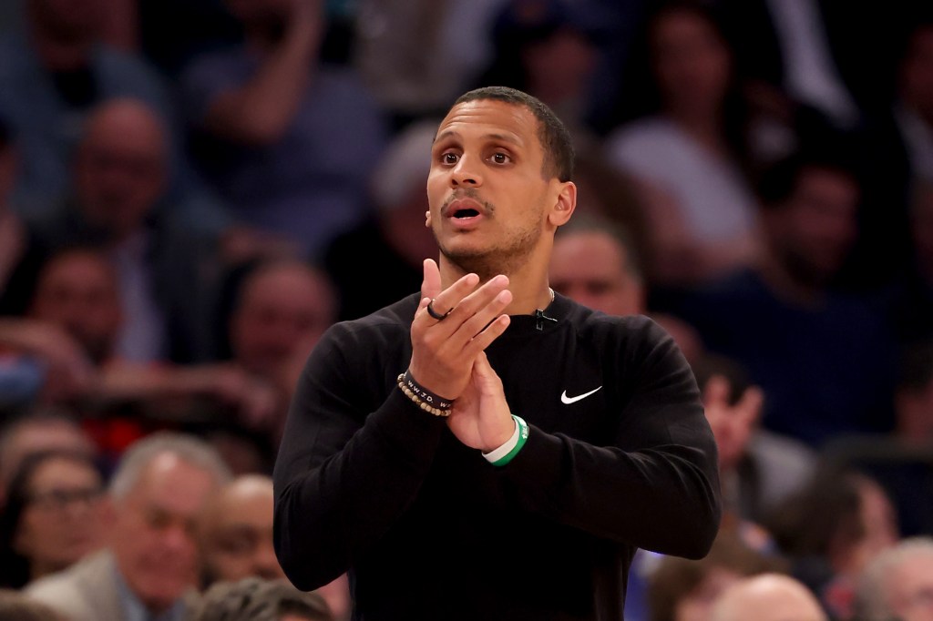 Head coach Joe Mazzulla of the Boston Celtics coaching against the New York Knicks during the first half in Game Four of the Eastern Conference Second Round NBA Playoffs at Madison Square Garden on May 12, 2025.