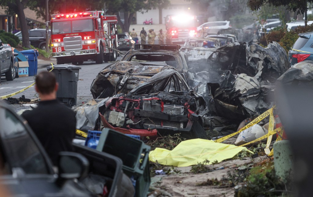 Investigators look through the site where a small plane crashed on a San Diego, California, residential street.