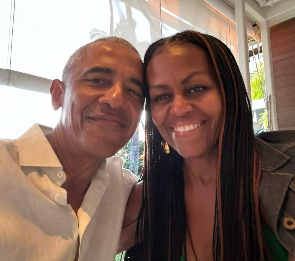 Former Obama and Michelle Obama on Feb. 14, 2025.