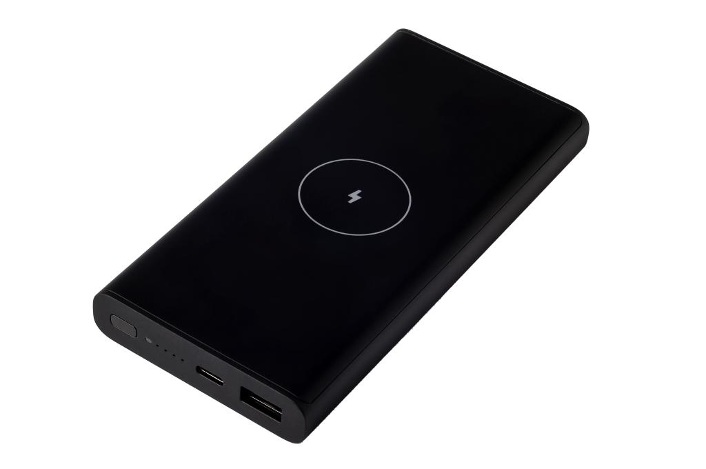 Black power bank with wireless charging sign, showing side with connectors and buttons