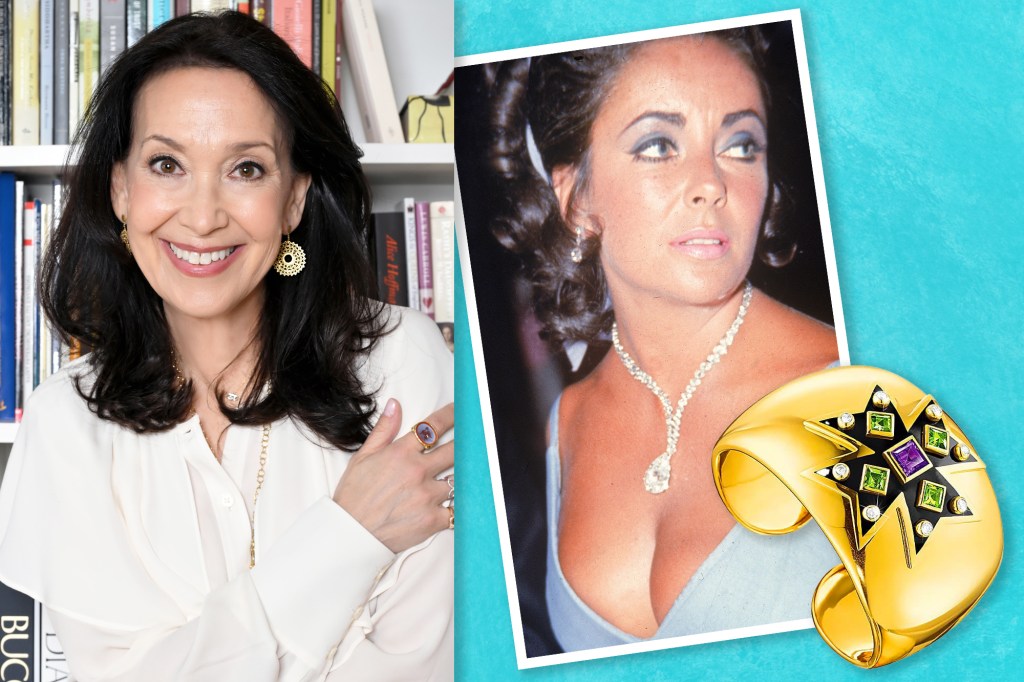 A collage of gemfluencer Jill Newman, Elizabeth Taylor and a Verdura Maltese cuff
