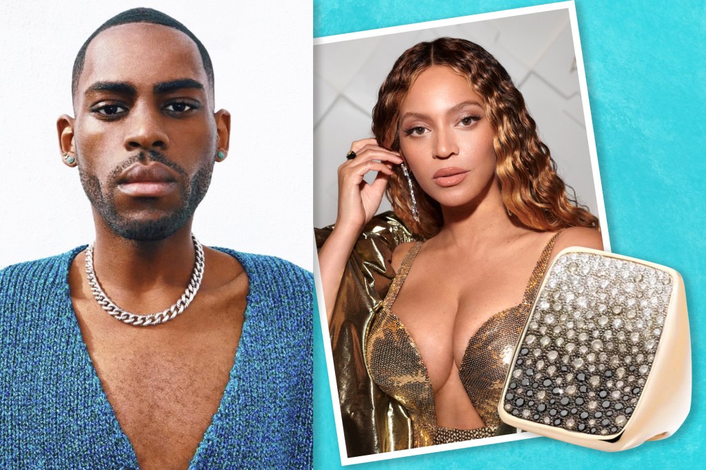 A collage of gemfluencer KJ Moody, an image of Beyoncé and a Pomellato ring