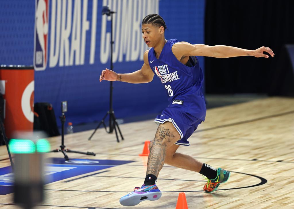 Jeremiah Fears works on a shuttle run drill during the 2025 NBA Draft Combine on May 13, 2025.