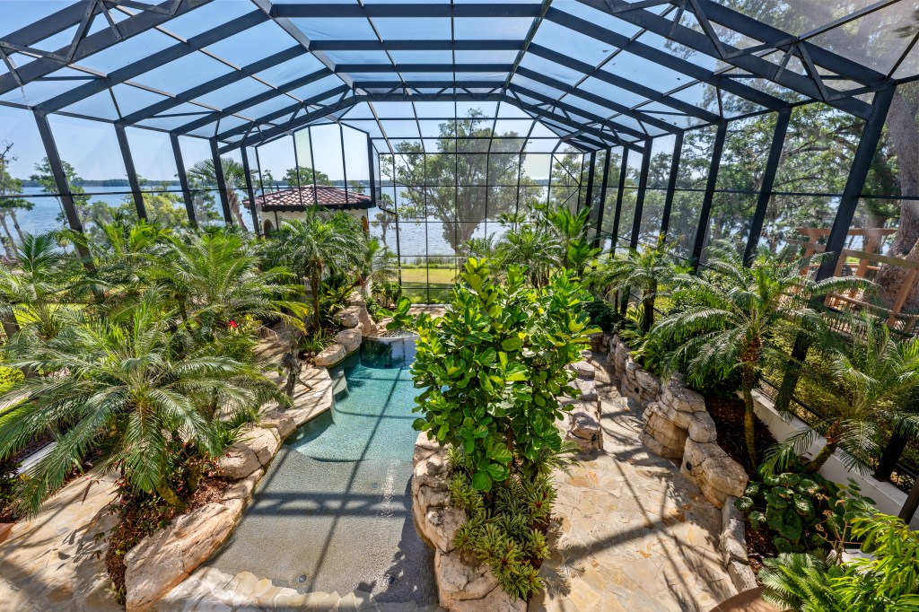 An aerial view of the resort style pool.  