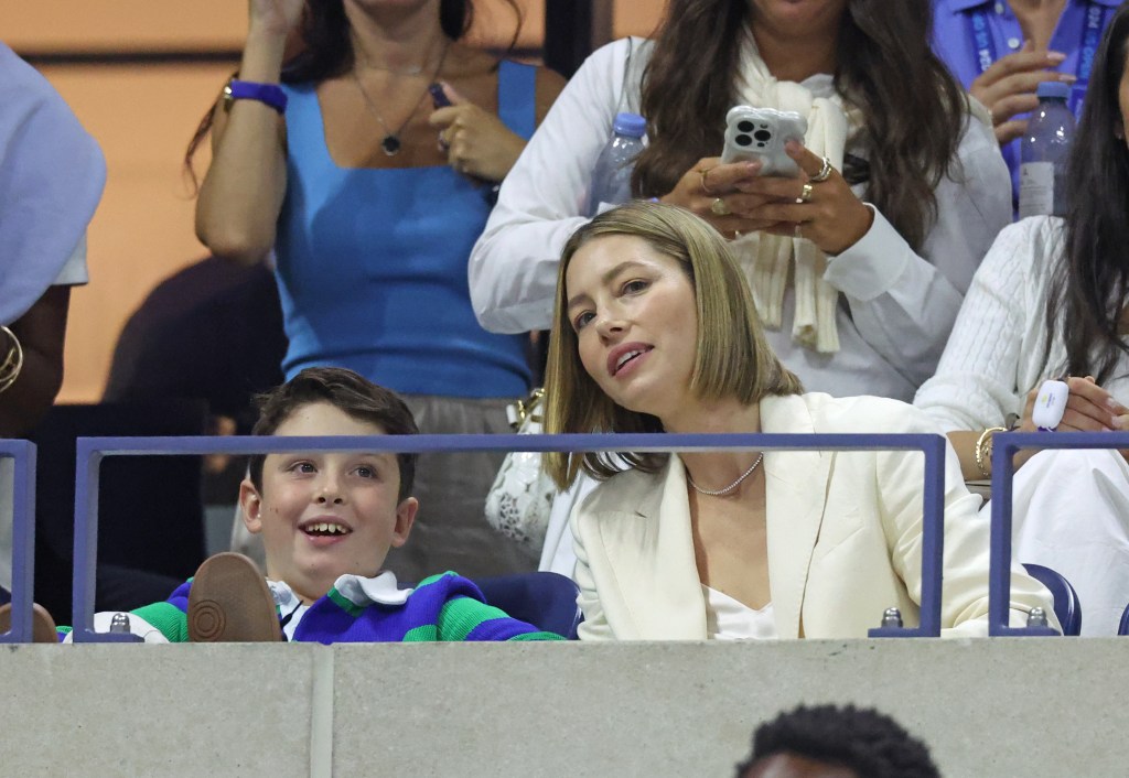 Jessica Biel and son Silas at the 2024 US Open on Aug. 29.
