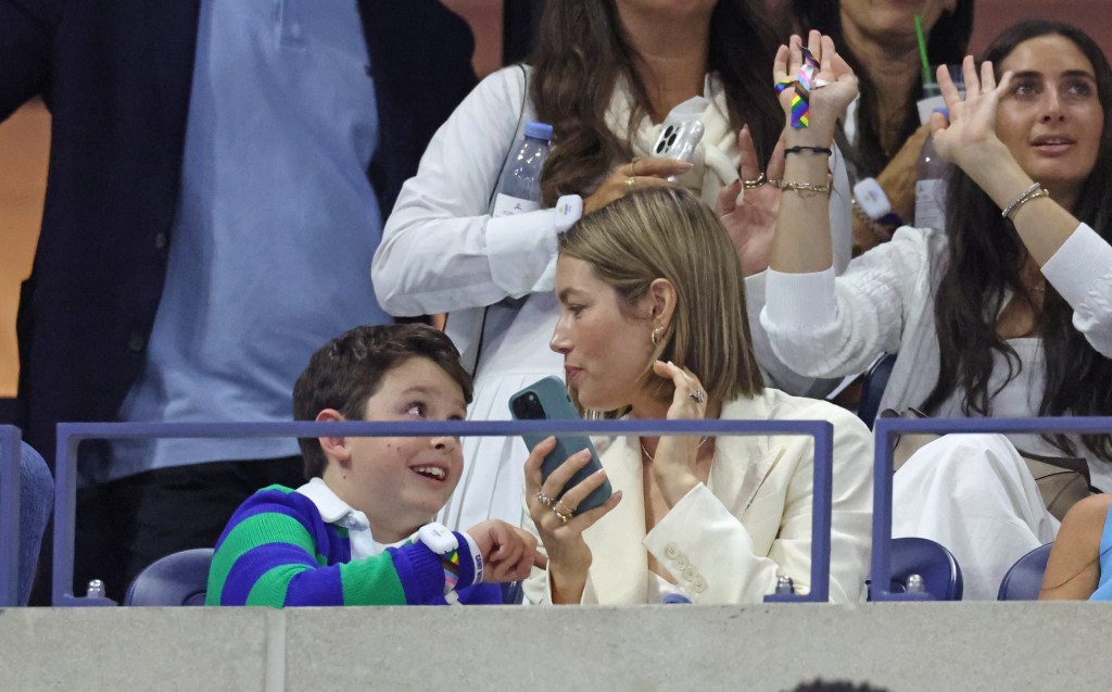Jessica Biel and son Silas at the 2024 US Open at the Billie Jean King Center on Aug. 29