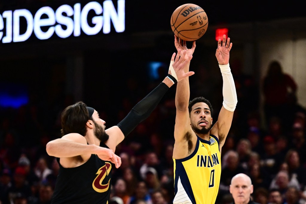 Tyrese Haliburton, who scored a team-high 31 points, shoots over Max Strus during the Pacers' series-clinching win over the Cavaliers.