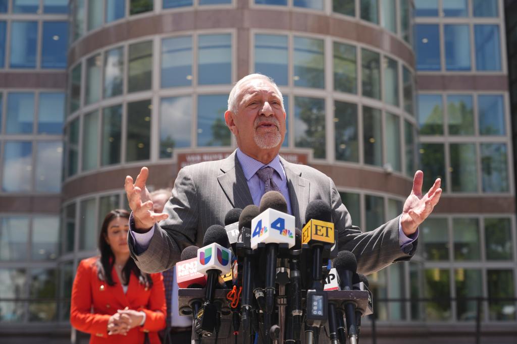 The Menendez brothers' attorney Mark Geragos speaking to the media during a break in their re-sentencing hearing on May 13, 2025.