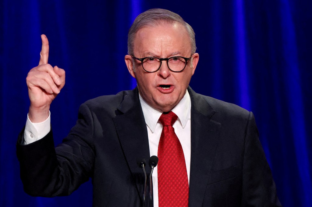 Australian Prime Minister Anthony Albanese speaking at an election night event in Sydney after his Labor party's victory on May 3, 2025.